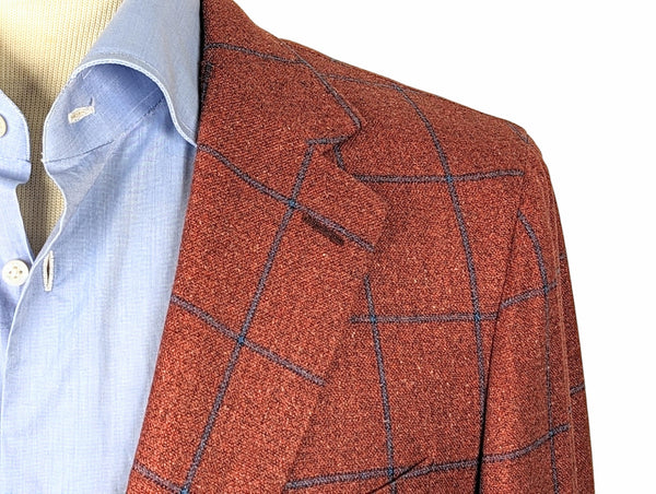 Benjamin Di Pray Sport Coat Brick Red-Orange w/ Blue Windowpane 2-button Soft Shoulder Silk/Wool