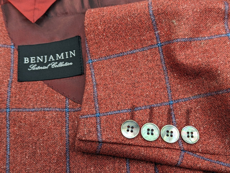Benjamin Di Pray Sport Coat Brick Red-Orange w/ Blue Windowpane 2-button Soft Shoulder Silk/Wool