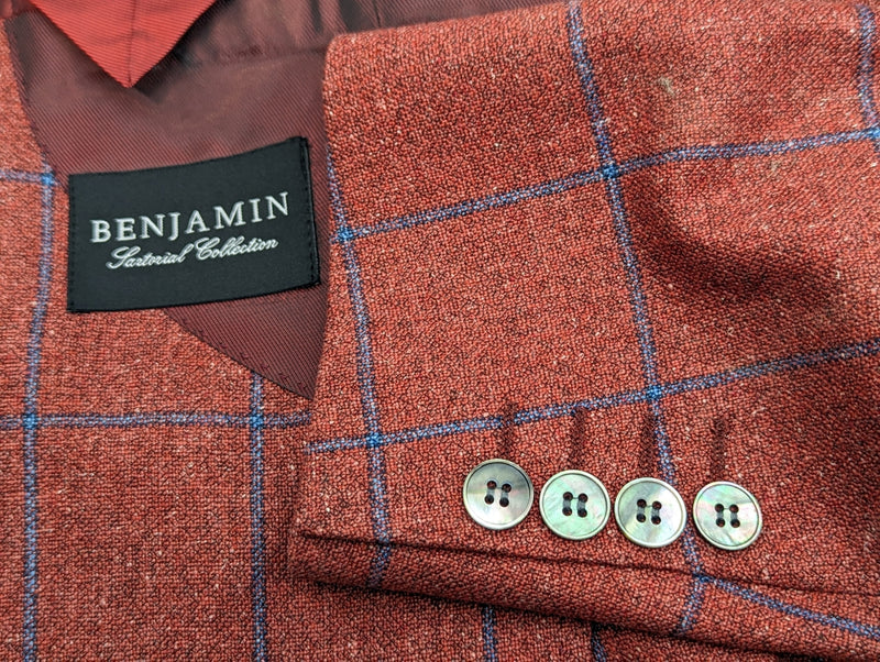 Benjamin Sport Coat Brick Red-Orange w/ Blue Windowpane 2-button Soft Shoulder Silk/Wool Di Pray