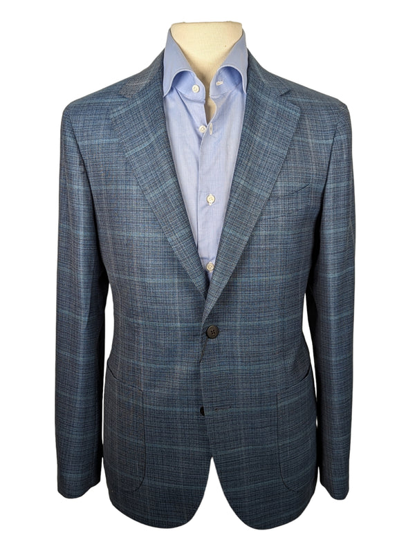Benjamin Zegna Sport Coat Aquamarine Blue Windowpane 2-button Soft Shoulder Wool/Silk