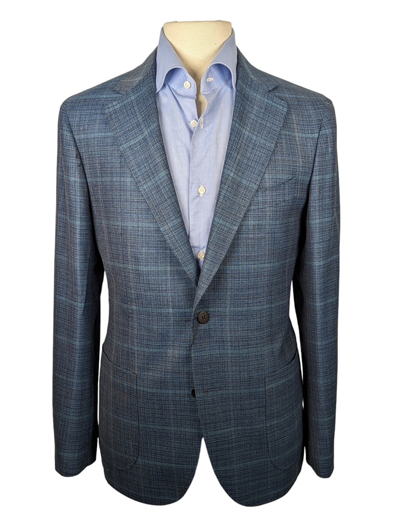 Benjamin Sport Coat Aquamarine Blue Windowpane 2-button Soft Shoulder Wool/Silk Zegna