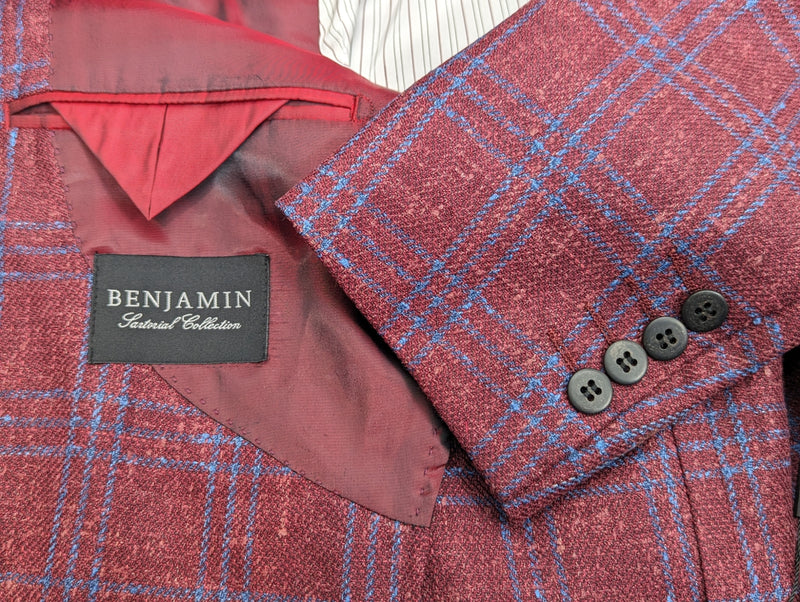 Benjamin Sport Coat Dark Red with Blue Plaid 2-button Soft Shoulder Wool/Cotton/Linen