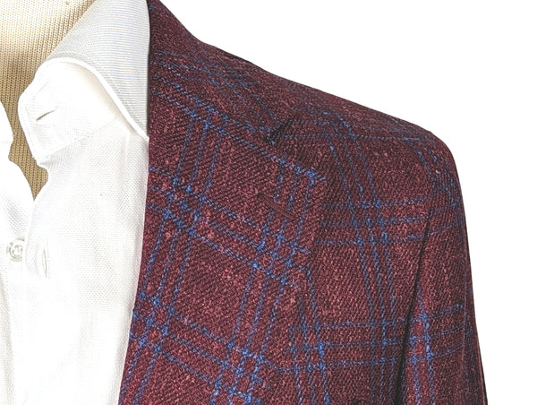Benjamin Sport Coat Dark Red with Blue Plaid 2-button Soft Shoulder Wool/Cotton/Linen