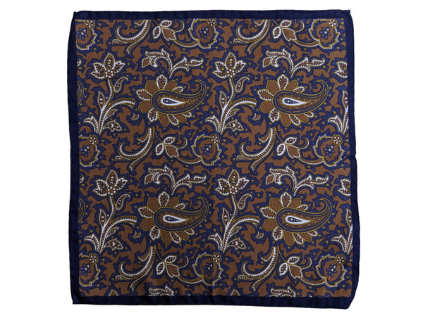 Battisti Pocket Square Brown with Navy/White Paisley Cotton/Silk