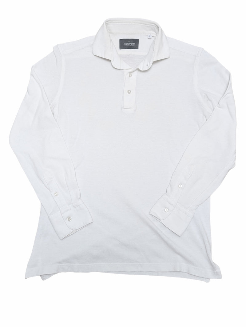 The Wardrobe Long Sleeve Tailored Polo Shirt S/M White pique cotton