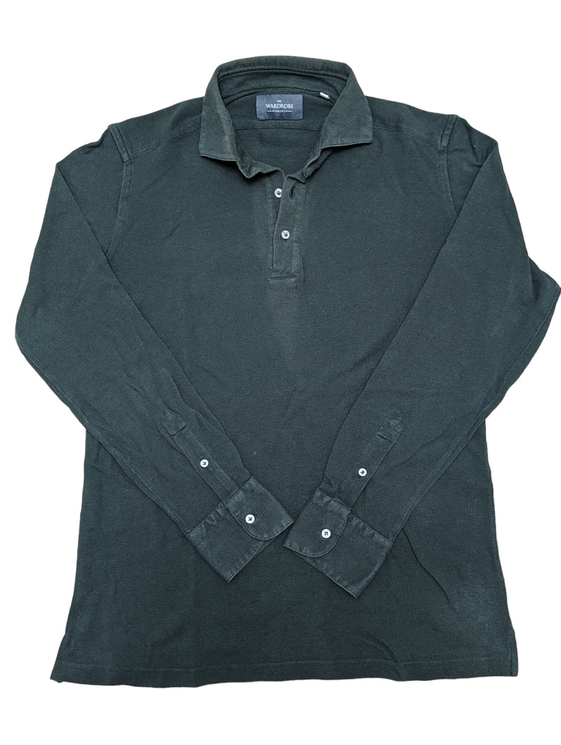 The Wardrobe Long Sleeve Tailored Polo Shirt S/M Green pique cotton