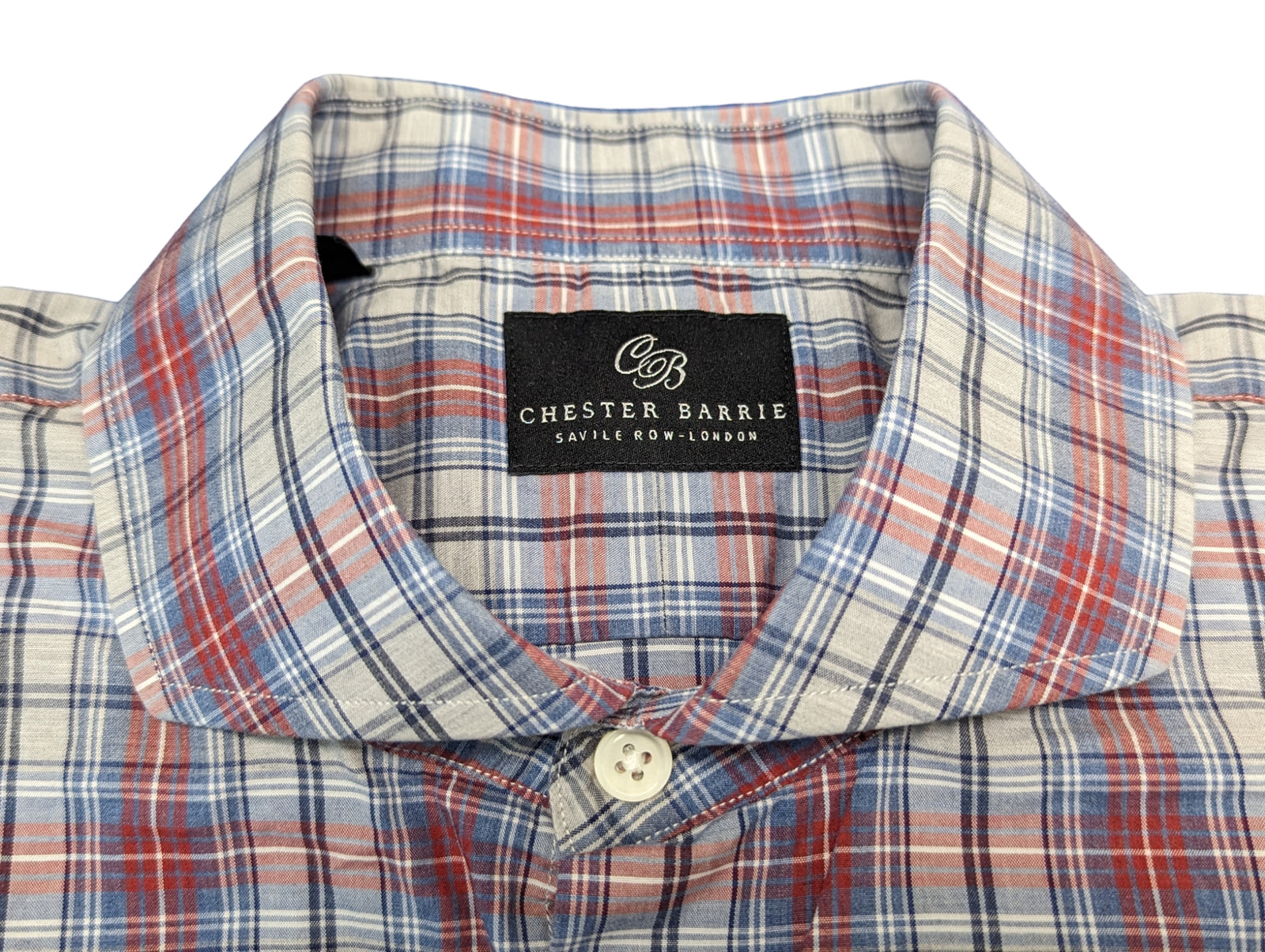 chester barrie dress shirt Chester Barrie Shirt XL/17.5 Red/Blue Plaid Spread Collar Cotton