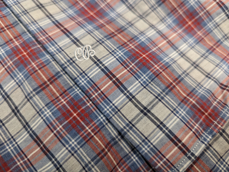 Chester Barrie Shirt XL/17.5 Red/Blue Plaid Spread Collar Cotton