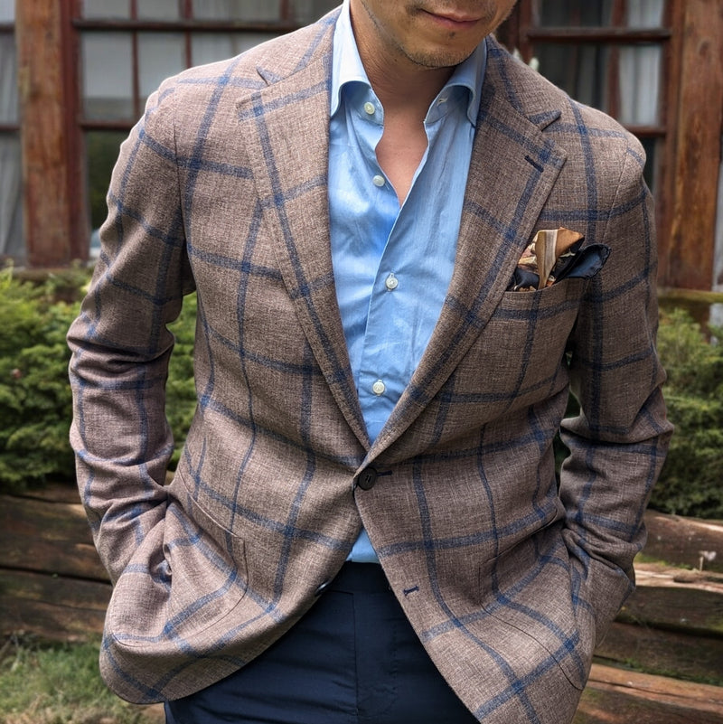 Benjamin Zegna Sport Coat Mushroom Brown Blue Windowpane 2-button Slim Fit Wool/Silk/Cashmere