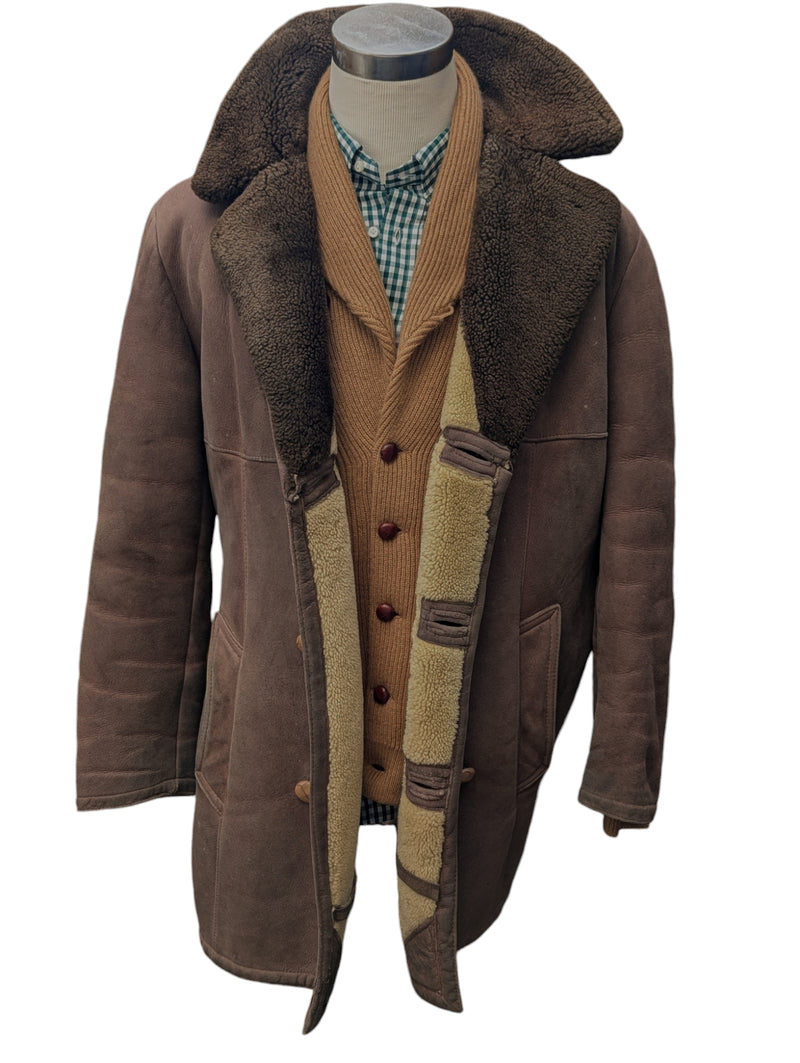 Vintage Selfridges Leather Lambsuede Shearling DB Coat XL/44 Brown