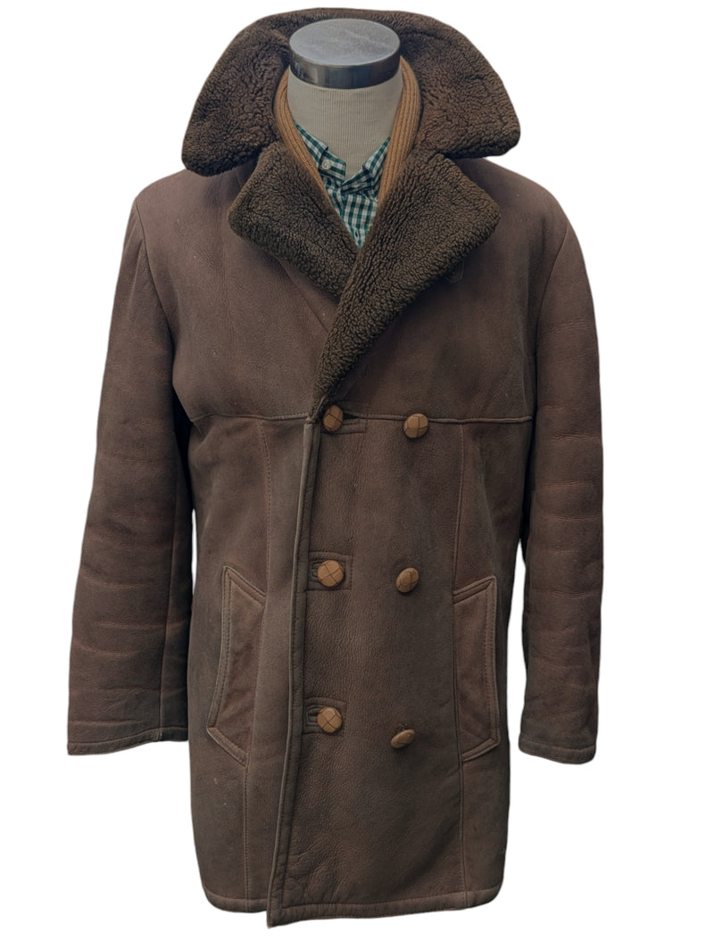 Vintage Selfridges Leather Lambsuede Shearling DB Coat XL/44 Brown