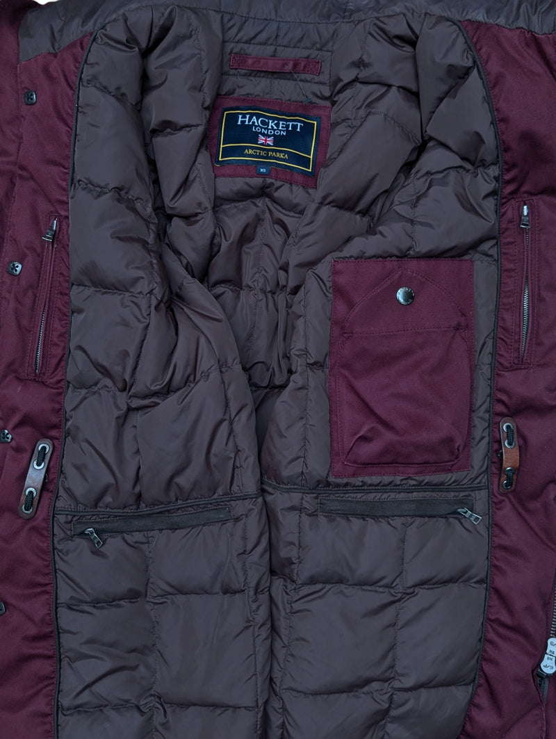 Hackett Arctic Parka XS/S Burgundy Fur Trimmed Cotton