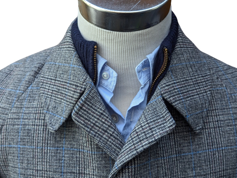 Vintage Dunn & Co. Marling & Evans Balmacaan Coat M/40 Grey with Blue Plaid 3-button pure wool