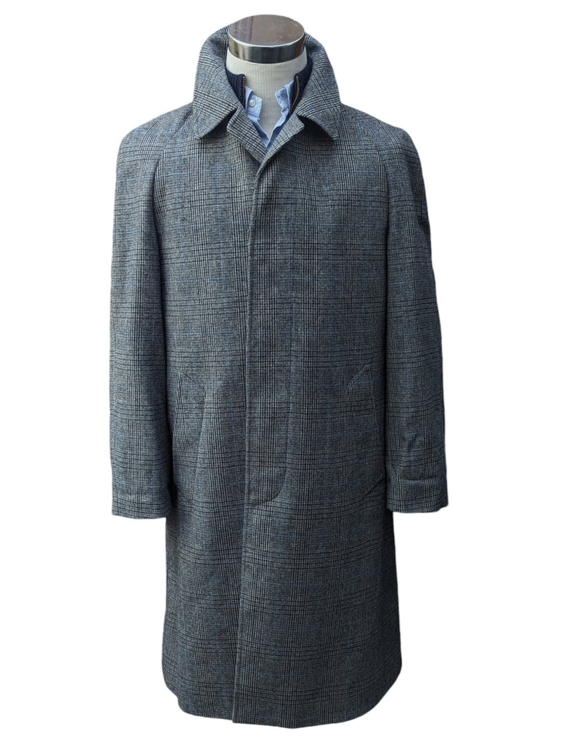 Vintage Dunn & Co. Marling & Evans Balmacaan Coat M/40 Grey with Blue Plaid 3-button pure wool