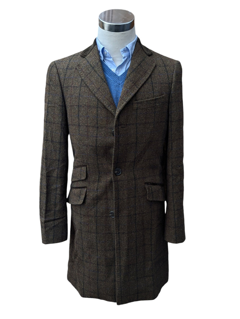 Abraham Moon Coat S/38R Olive Brown Windowpane Wool Tweed