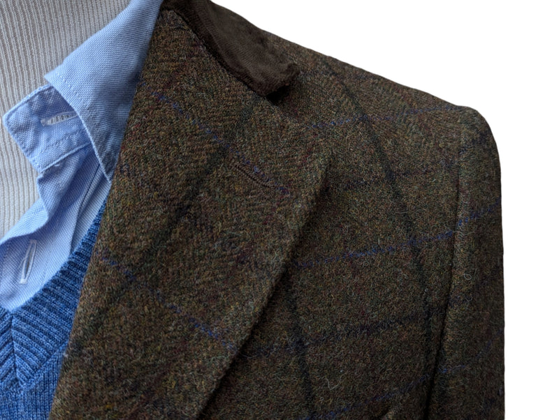 Abraham Moon Coat S/38R Olive Brown Windowpane Wool Tweed