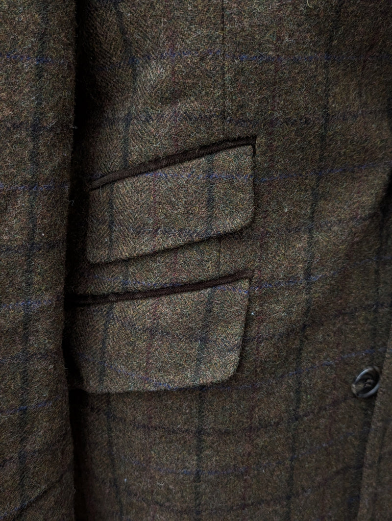 Abraham Moon Coat S/38R Olive Brown Windowpane Wool Tweed