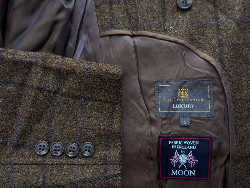 Abraham Moon Coat S/38R Olive Brown Windowpane Wool Tweed