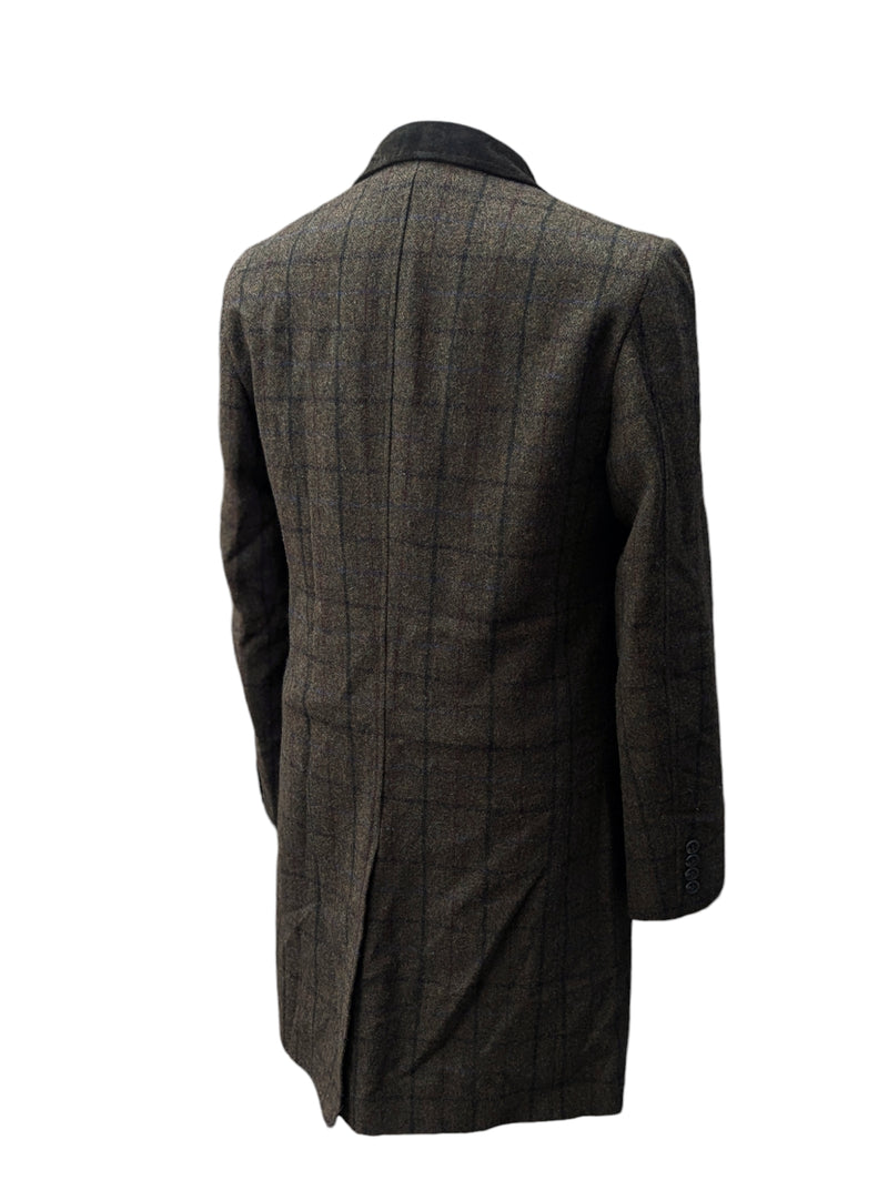 Abraham Moon Coat S/38R Olive Brown Windowpane Wool Tweed