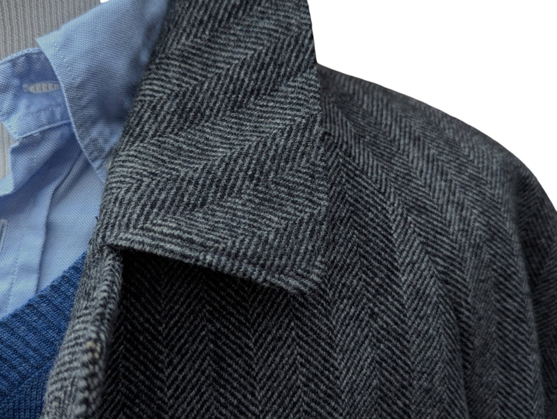 Vintage San Remo Zegna Balmacaan Coat 42 L/XL Grey Herringbone Heavy Wool