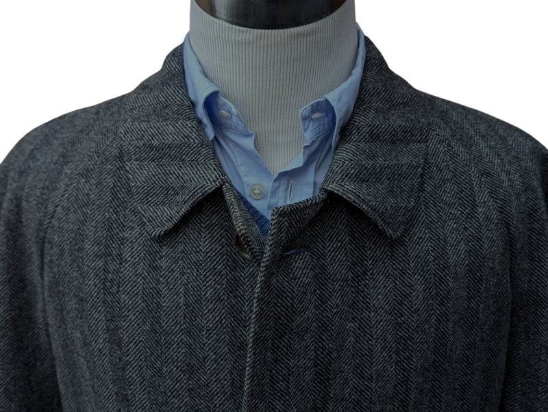 Vintage San Remo Zegna Balmacaan Coat 42 L/XL Grey Herringbone Heavy Wool