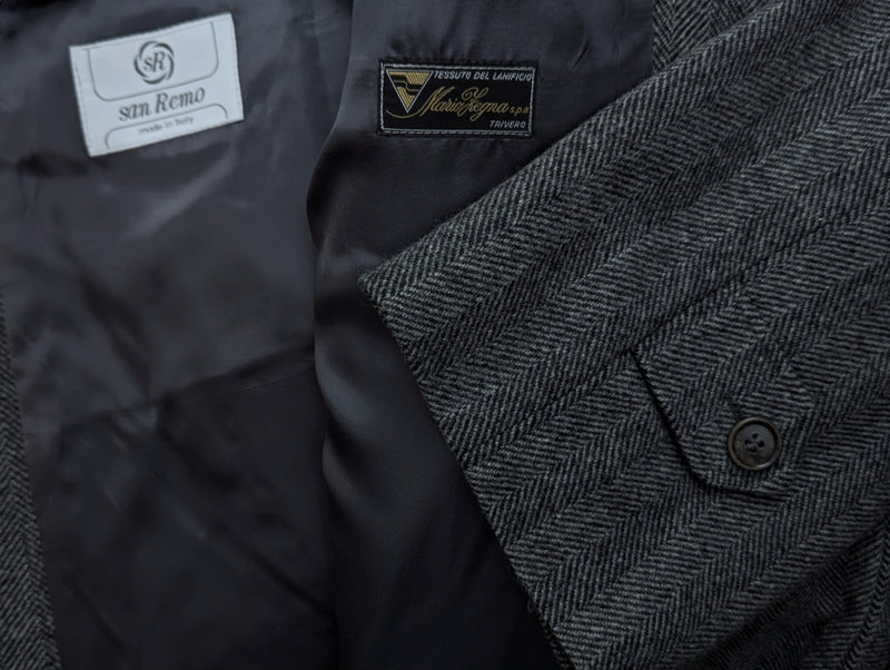 Vintage San Remo Zegna Balmacaan Coat 42 L/XL Grey Herringbone Heavy Wool