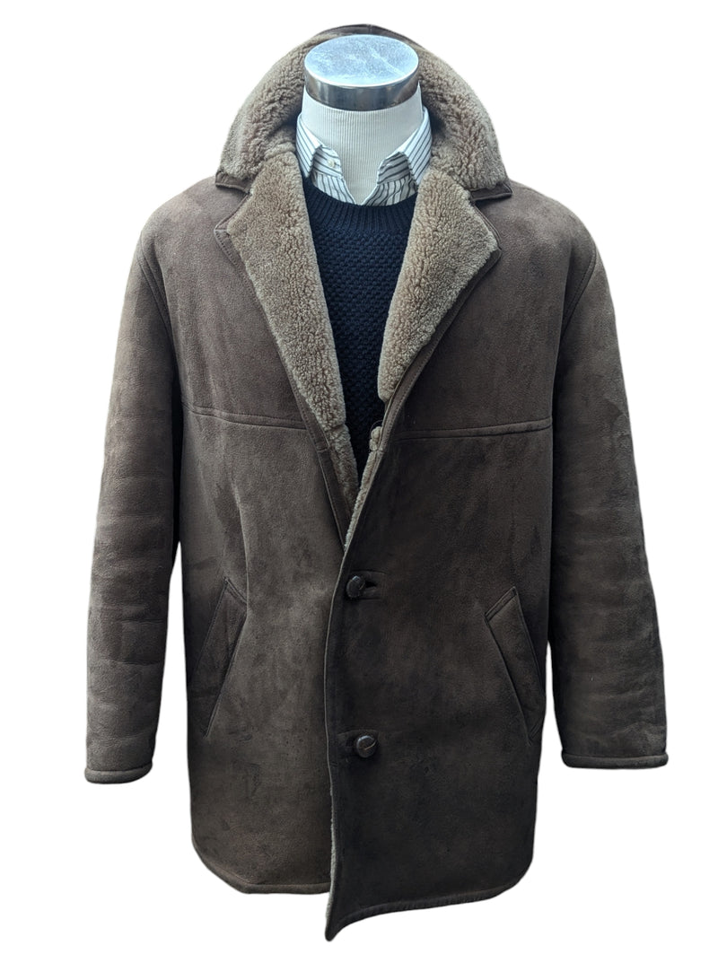 Vintage Richard Draper Leather Lambsuede Shearling Coat L/XL Dark Beige