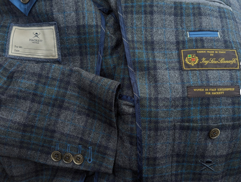 Hackett Loro Piana Sport Coat 40R Grey/Green/Blue Plaid Wool