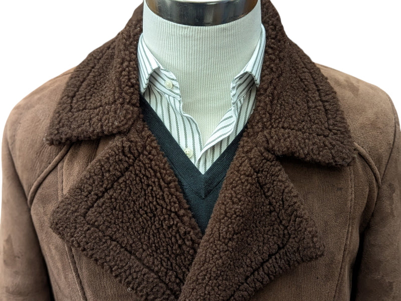 Vintage British Leather Lambsuede Shearling DB Coat S/M 38 Brown