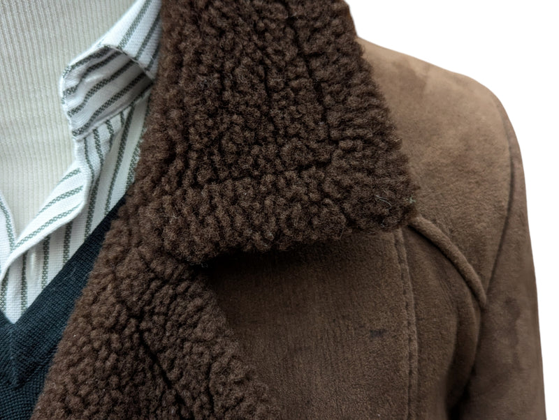 Vintage British Leather Lambsuede Shearling DB Coat S/M 38 Brown