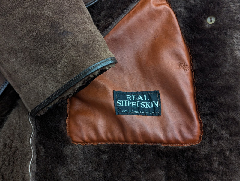 Vintage British Leather Lambsuede Shearling DB Coat L/42 Brown