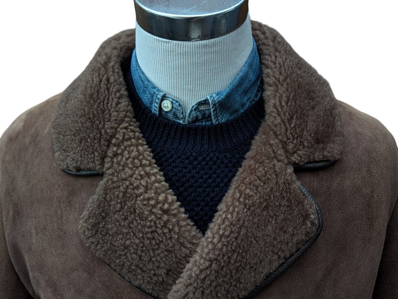 Vintage British Leather Lambsuede Shearling DB Coat L/42 Brown