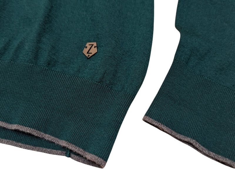 Zegna Sweater S Hunter Green Grey Trim 15 Micron Wool