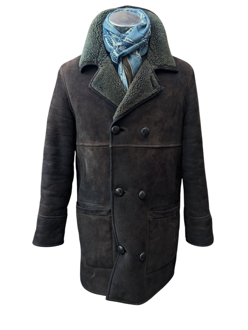 Vintage Barretts Leather Lambsuede Shearling DB Coat M/40 Dark Brown