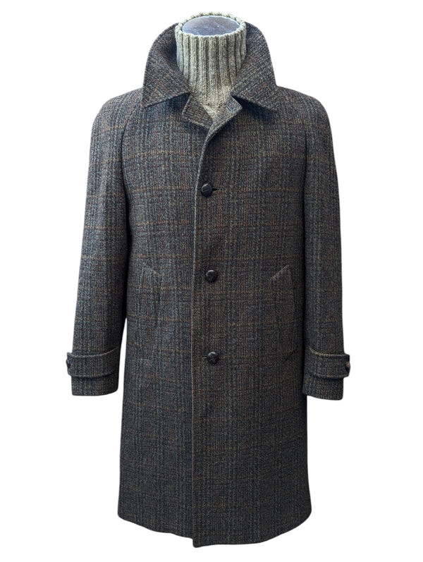 Vintage Dunn & Co. Harris Tweed Balmacaan Raglan Coat M/40 Greenish Brown Plaid wool