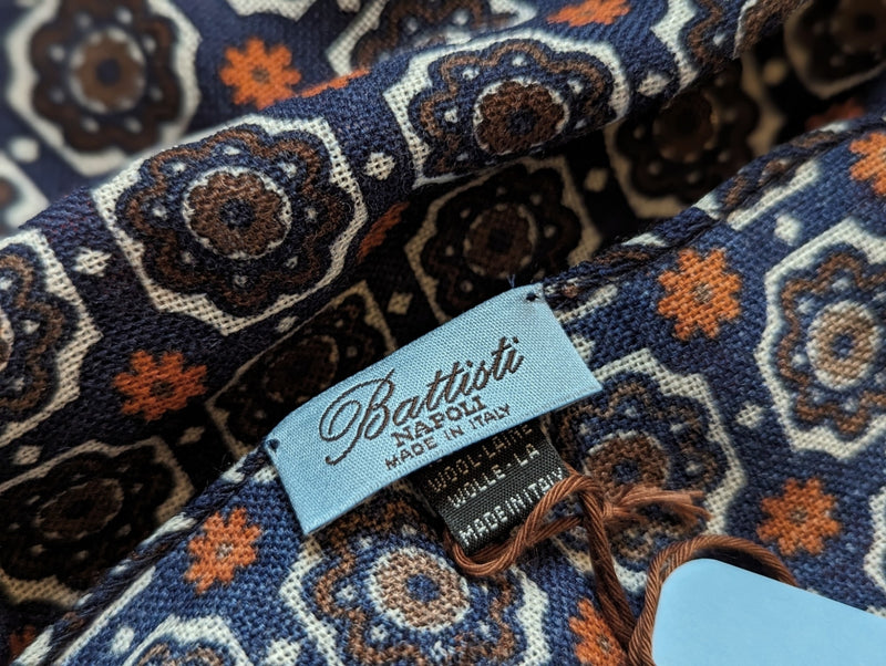 Battisti Scarf Navy Blue Medallions Lightweight Wool