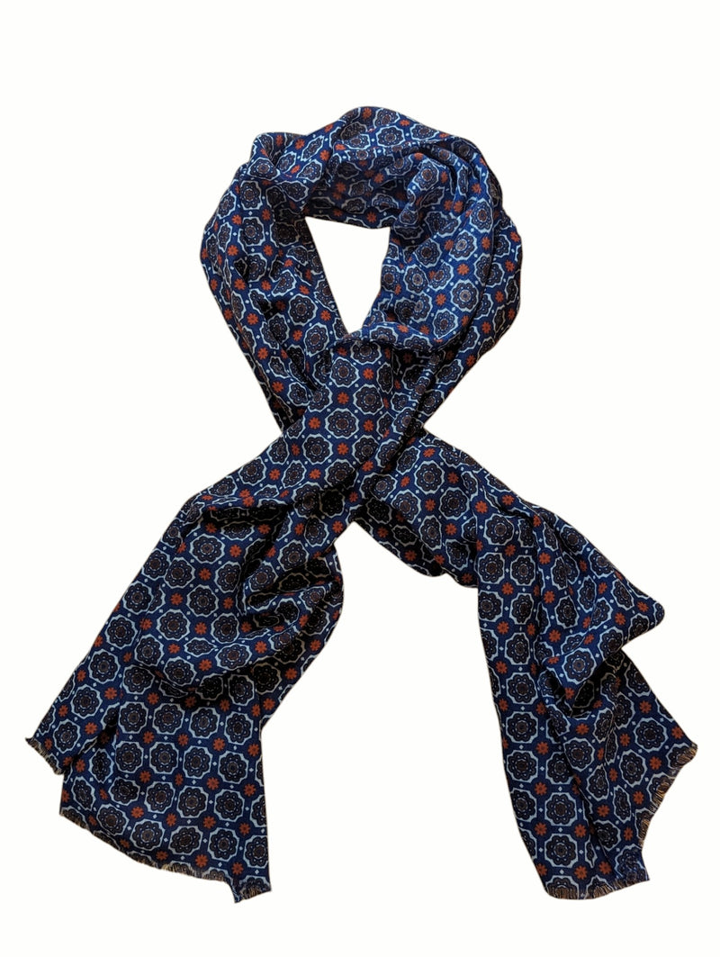 Battisti Scarf Navy Blue Medallions Lightweight Wool