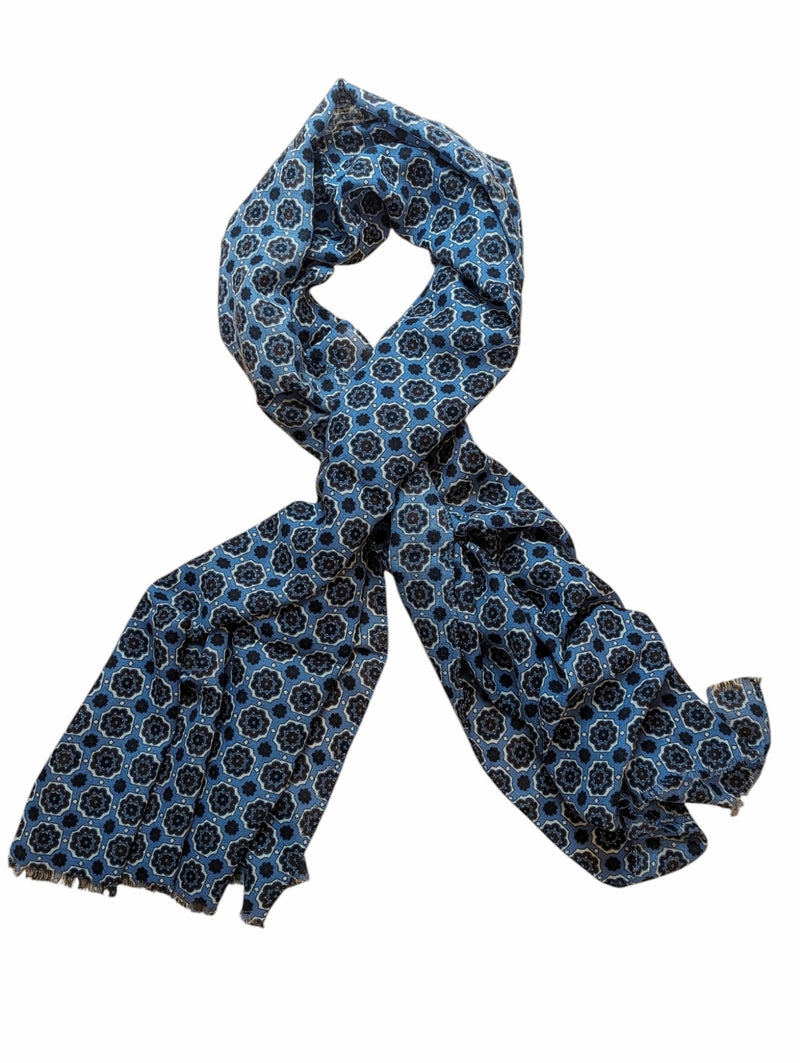 Battisti Scarf Light Blue Medallions Lightweight Wool