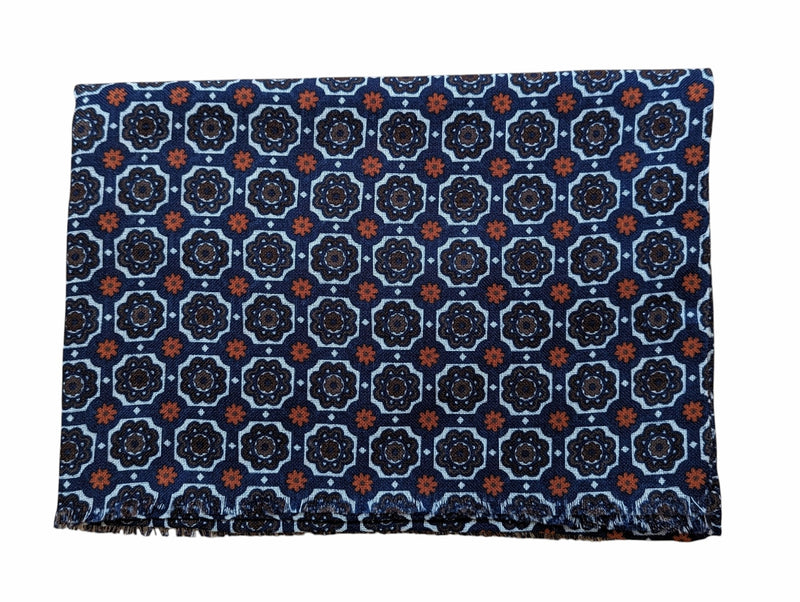Battisti Scarf Navy Blue Medallions Lightweight Wool