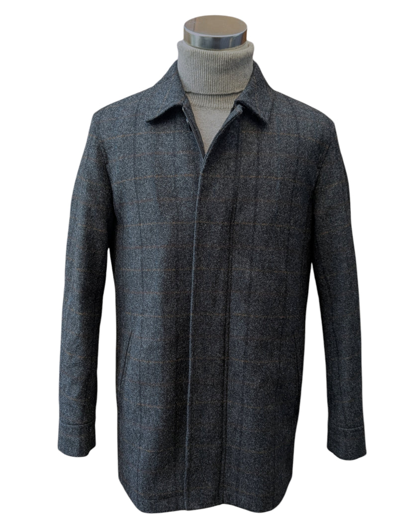 Abraham Moon Car Coat 40/M Charcoal Grey Plaid Shetland Wool