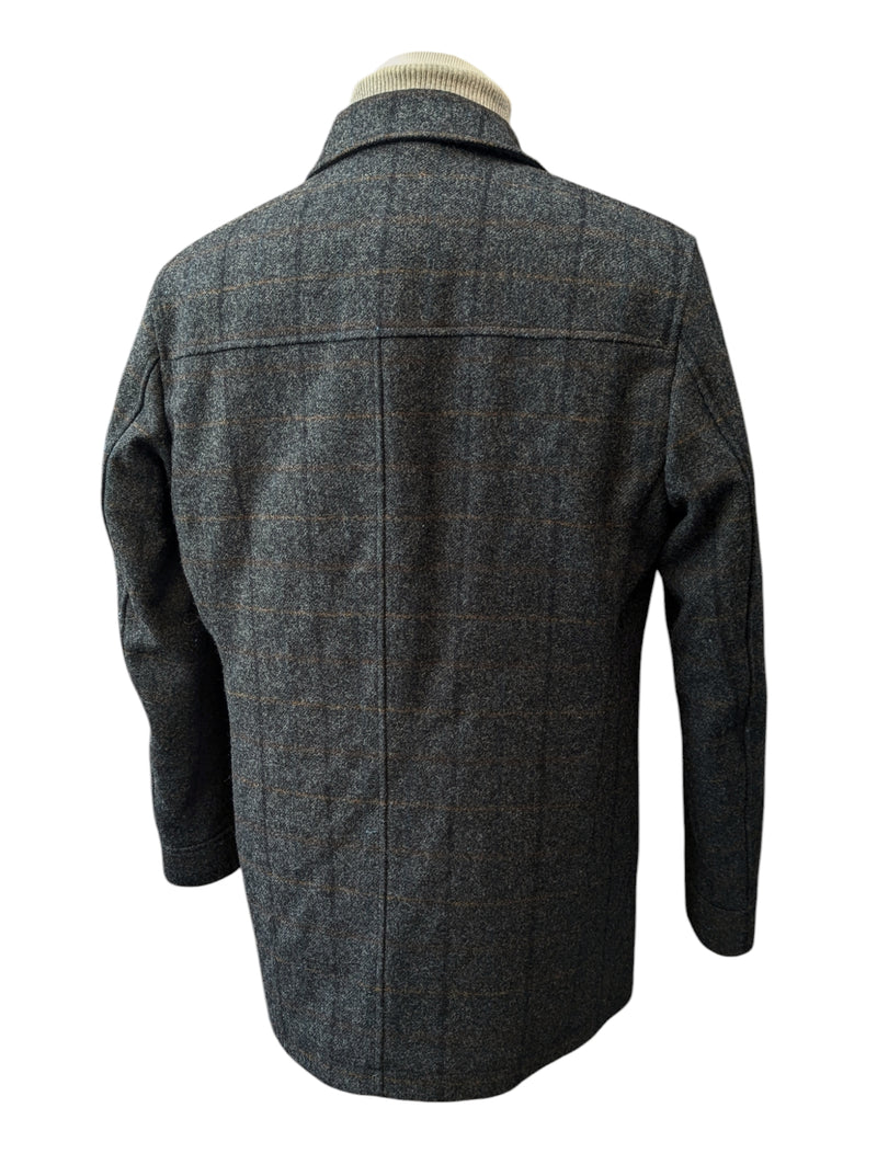 Abraham Moon Car Coat 40/M Charcoal Grey Plaid Shetland Wool