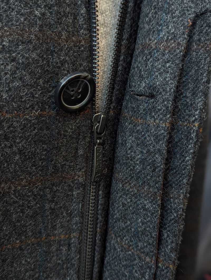 Abraham Moon Car Coat 40/M Charcoal Grey Plaid Shetland Wool