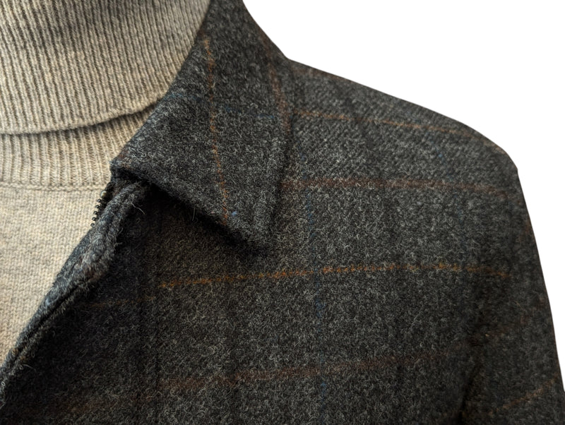 Abraham Moon Car Coat 40/M Charcoal Grey Plaid Shetland Wool