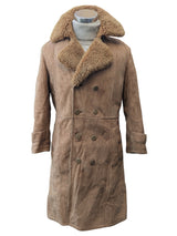 Vintage British Leather Lambsuede Shearling DB Coat S/38 Tan Brown