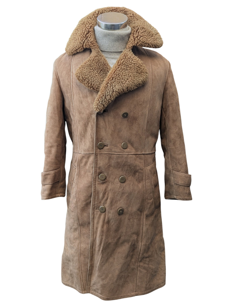 Vintage British Leather Lambsuede Shearling DB Coat S/38 Tan Brown