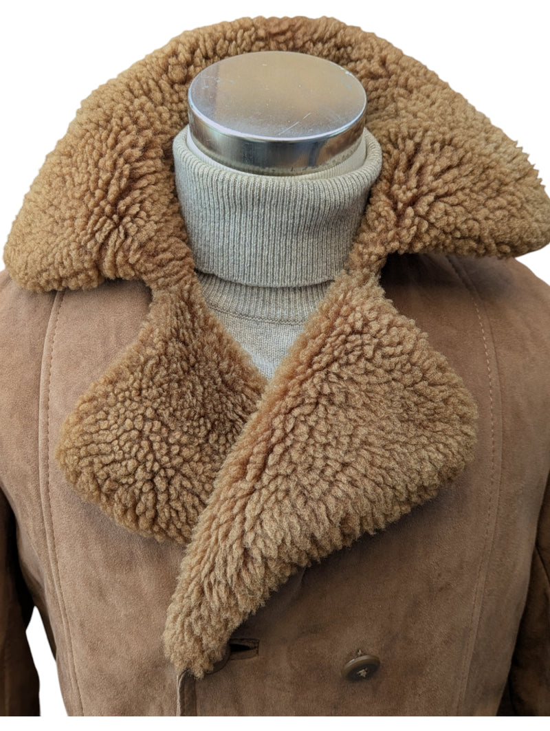 Vintage British Leather Lambsuede Shearling DB Coat S/38 Tan Brown
