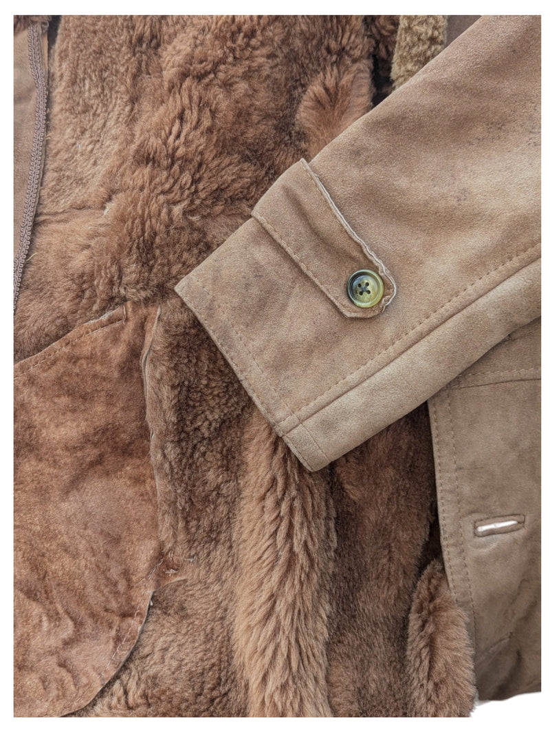 Vintage British Leather Lambsuede Shearling DB Coat S/38 Tan Brown