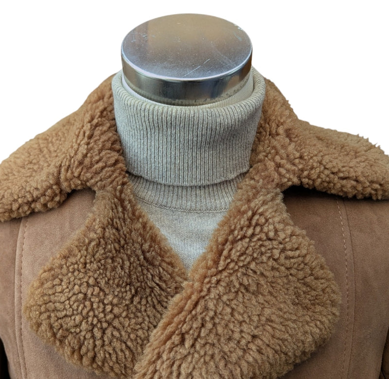 Vintage British Leather Lambsuede Shearling DB Coat S/38 Tan Brown