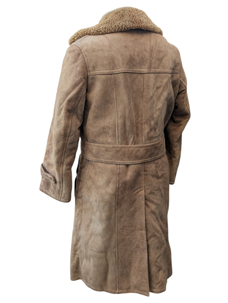 Vintage British Leather Lambsuede Shearling DB Coat S/38 Tan Brown