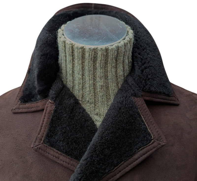 Vintage British Leather Lambsuede Shearling DB Coat L/42 Dark Brown